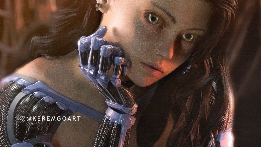 digital art portrait of e female cyborg character with mechanical arms, glowing big eyes and flowing hair