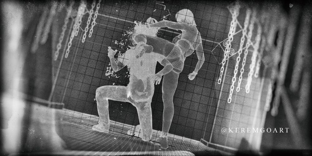 3d wireframe screenshot of a project illustrating a conflict between a fighter woman and a nerdy guy