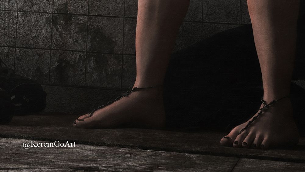digital art of a gorgeous feet in appears to be a dirty environment 