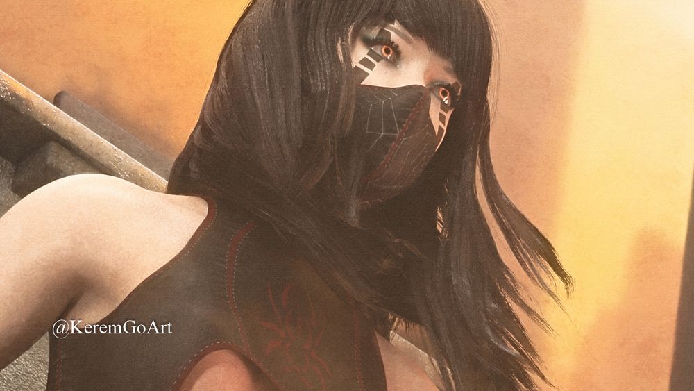 close up of a digital art portrait featuring a spider woman character with black hair and mask