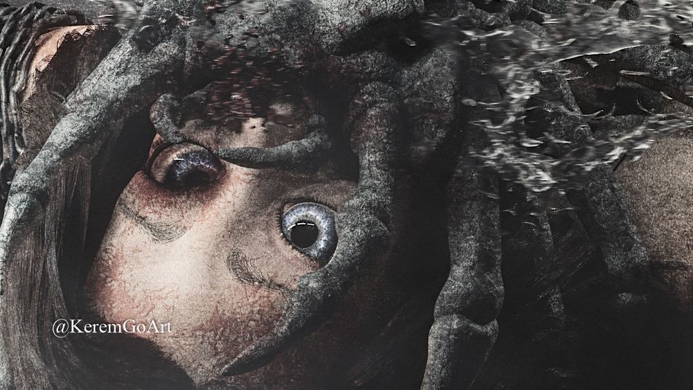 close up of digital artwork featuring a female character getting attacked by an alien creature 