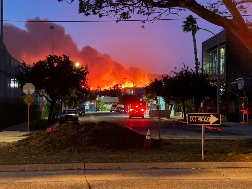 Flames reflected in the smoke