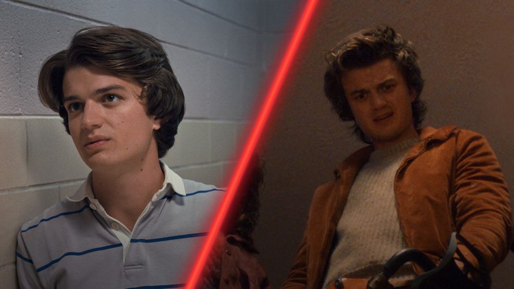 A picture of Steve Harrington in a striped shirt from season 1 with a red line dividing it down the middle. On the right is a picture of Steve Harrington wearing a chestnut color jacket and a tan shirt and gazing down 