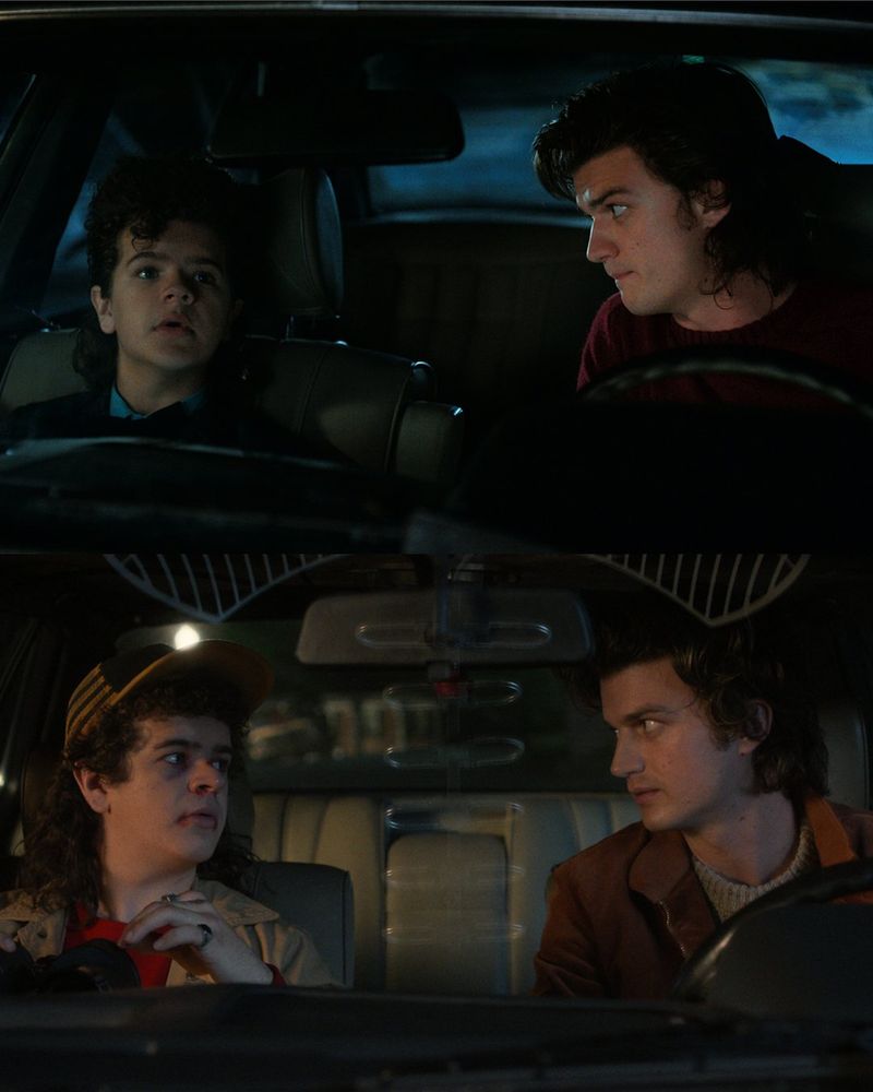 A split screen of Steve and Dustin. The top is from season 2. Dustin is dressed up and Steve is in red. The bottom is season 5. Dustin is wearing a hat and is beaten up. Steve is gazing towards him