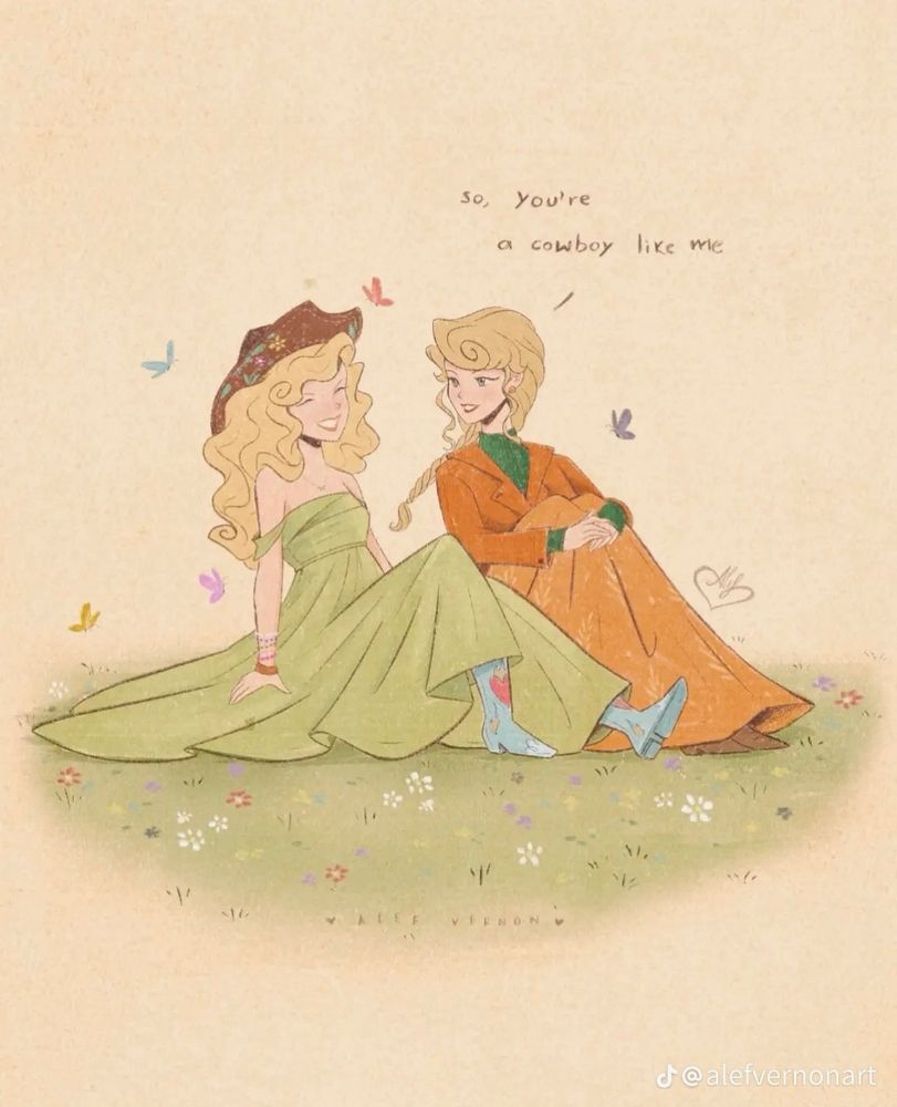 A tan background with a field in the middle. Evermore and debut are sitting by each other. Debut is wearing a brown cowboy hat with a green dress and blue boots. Evermore is wearing an orange skirt and dress with a green. Evermore is saying so you’re a cowboy like me