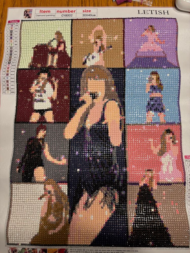 Taylor swift diamond art
1st row:
• debut: Taylor at piano
• fearless: Taylor with heart hands
• speak now Taylor in purple dress
2nd row:
• red: Taylor in 22 outfit
• 1980: Taylor in blue outfit 
3rd row:
• rep: Taylor in snake suit
• lover Taylor in pink body suit
4th row:
• folklore: Taylor on knees in green
• evermore: Taylor singing in bronze
Midnights is large in the middle taking up the middle of the 2nd, 3rd, and 4th rows