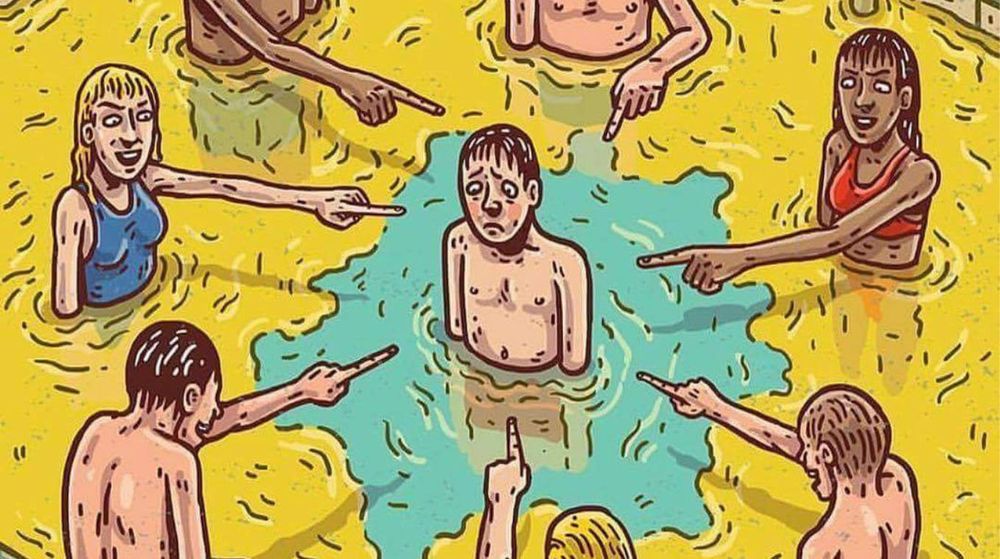 The pool pissing meme with several people surrounding and pointing at the one guy not pissing in the pool