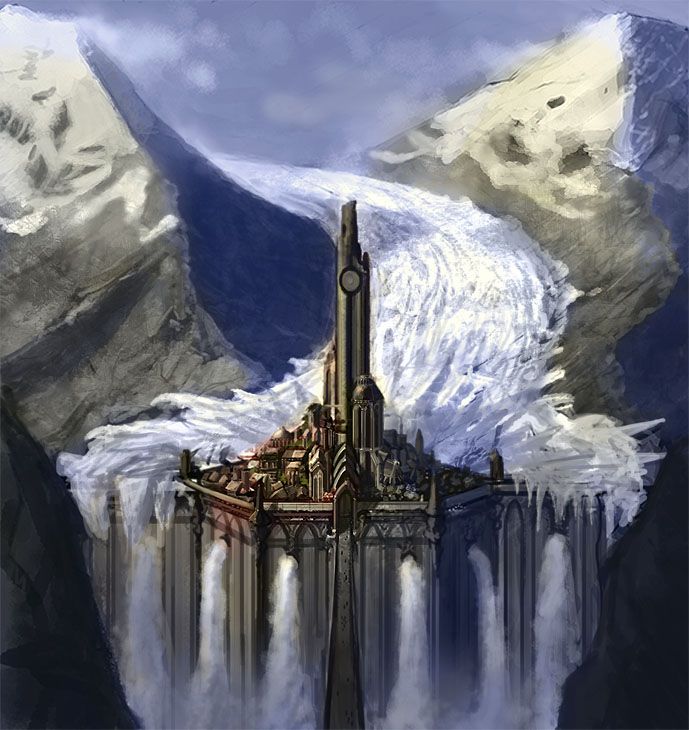 A medieval-style fortress city/castle at the base of a glacier, forming a dam from which emerge vast torrents of water. It looks a bit like a colder version of a cross between Gondor and Rivendell.

PC: "Glacier Castle" by DrawingNightmare on Deviantart