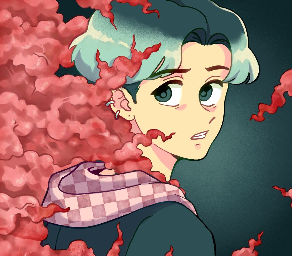 Anime illustration of a boy getting swallowed up by weird meat lumps