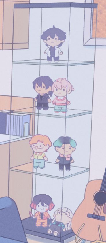 7 slightly less cursed figurines stand on a display case. They're various main characters from my games put into my latest game 'End Date' as an easter egg.