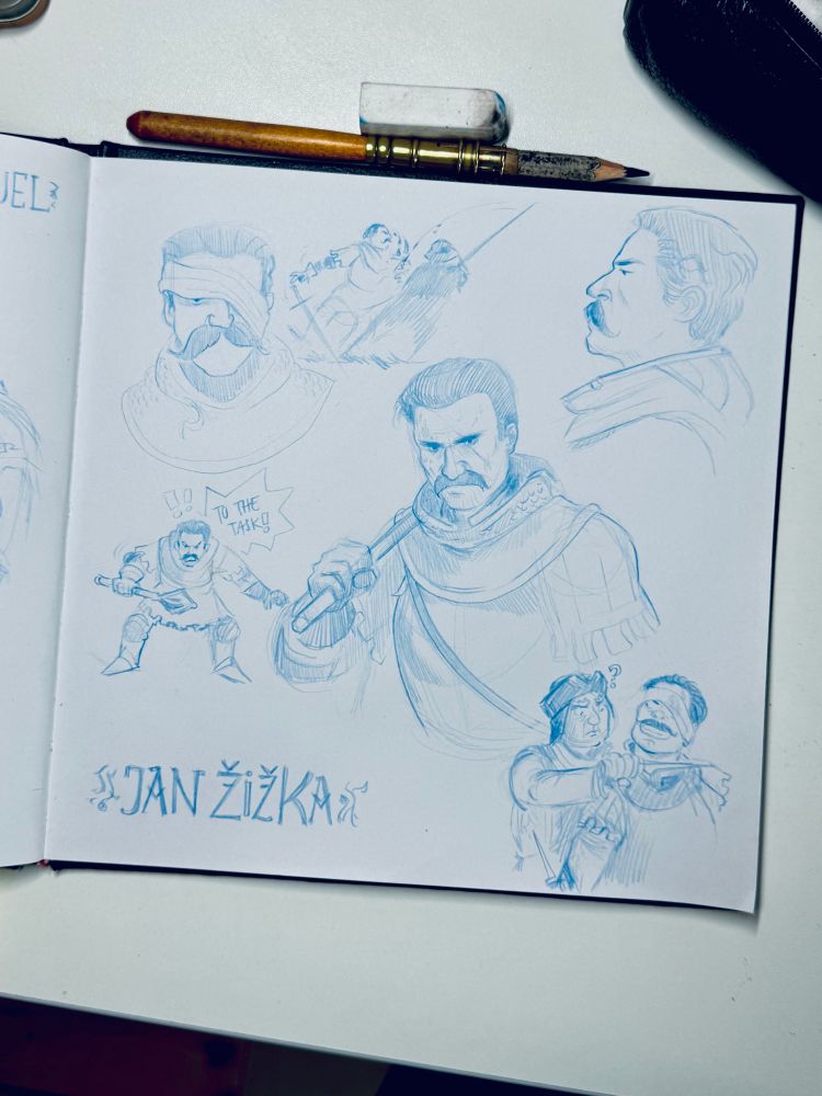 Sketch dump of Žižka with all former pictures in one and a big central drawing of him with a mace on his shoulder 