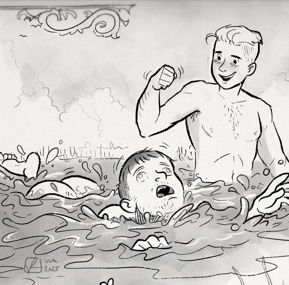 Henry is learning to swim, he is struggling. Hans admires his butt