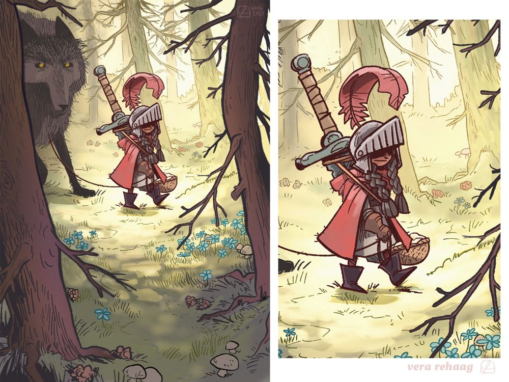 Little red riding hood wears a chunky helmet with a huge feather, a big sword on the back. On a leash she leads the wolf through the woods, that is bathed in bright sunshine. Blue flowers and mushrooms cover the grassy ground.