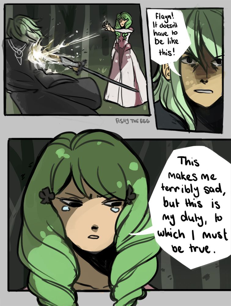 Flayn fires magic at Byleth.
Byleth: Flayn! I doesn't have to be like this!
Flayn: This makes me terribly sad, but this is my duty, to which I must be true