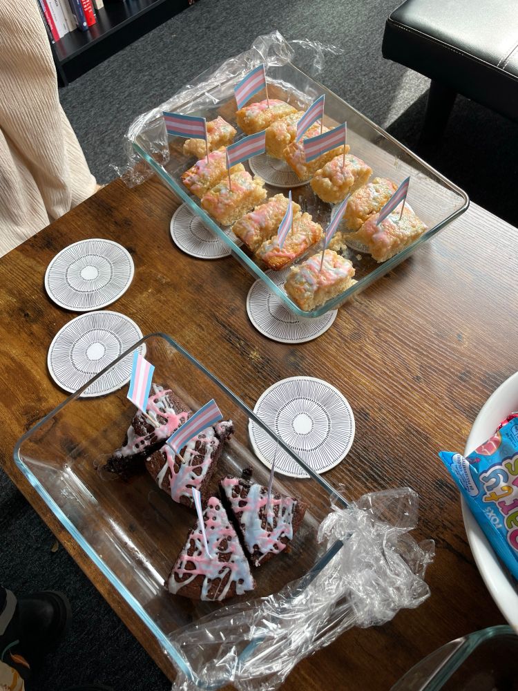 A table with two trays of cake slices. One is lemon, one is chocolate. They both have pink and blue drizzled icing and trans flags. 