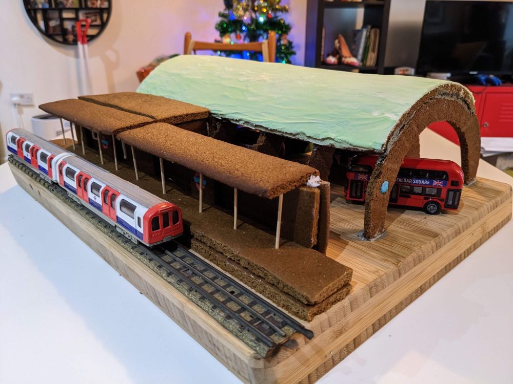 A gingerbread Newbury Park bus and train station.