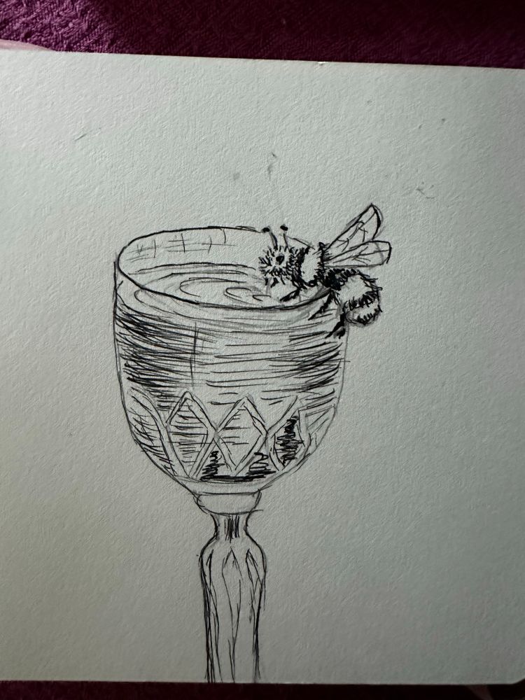 dessin d’un verre en cristal sur lequel un bourdon s’est posé pour boire.