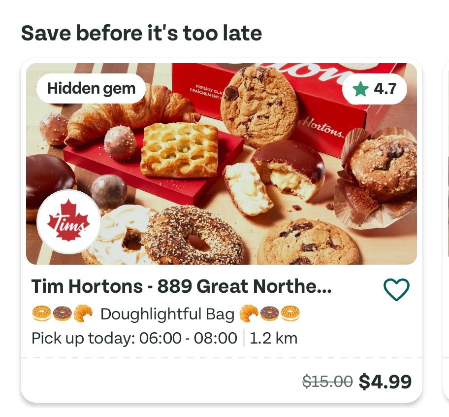 a screenshot of the app Too Good To Go, listing a Tim Hortons location as a "Hidden gem"