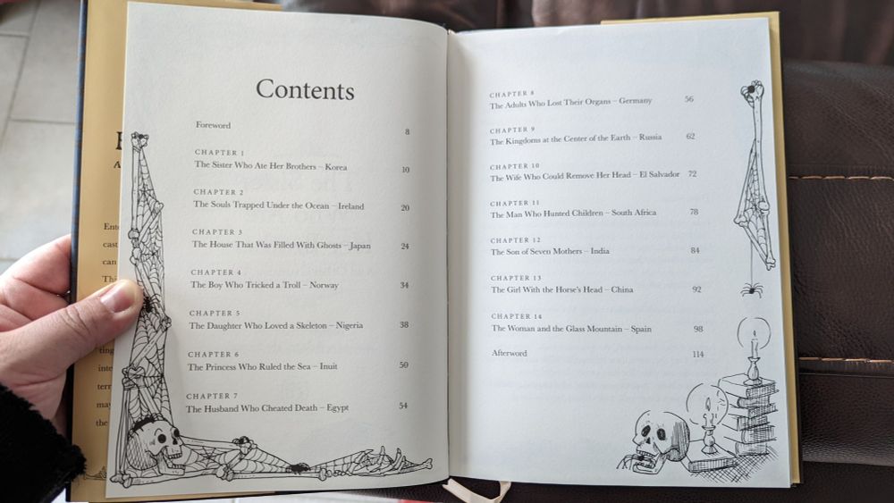 Displaying the table of contents for Jen Campbell's "The Sister Who Ate Her Brothers and Other Gruesome Tales." Each item lists the name, page number, and the country whose folklore inspired the tale.