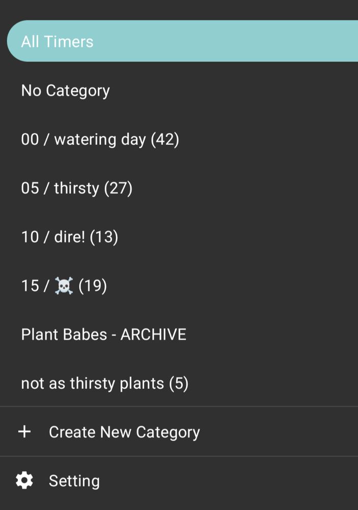 screenshot from SinceTimer app showing category names of "00 / watering day (42)," "05 / thirsty (27)," "10 / dire! (13)," "15 / ☠️ (19)," and "not as thirsty plants (5)"