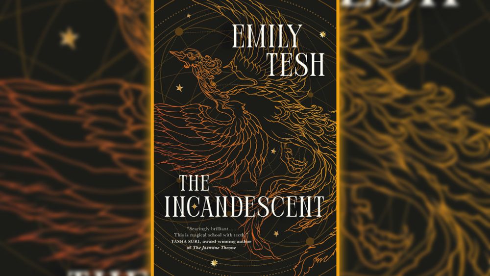 The cover for Emily Tesh's newly released fantasy novel, The Incandescent. The cover has a dark background and a gleaming golden line drawing of a phoenix in the foreground.