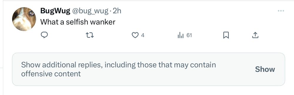 Two Twitter posts; the first calls someone a (quote) “selfish wanker” (end quote). The second has been hidden as it (quote) “May contain offensive comments” (end quote)