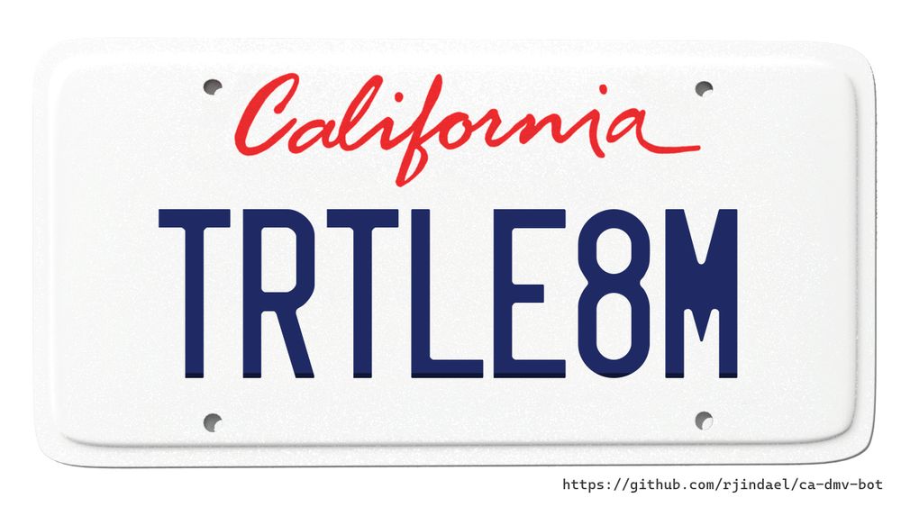 California license plate with text "TRTLE8M".