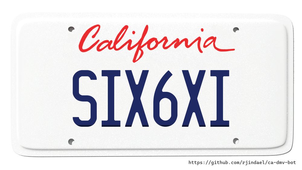 California license plate with text "SIX6XI".
