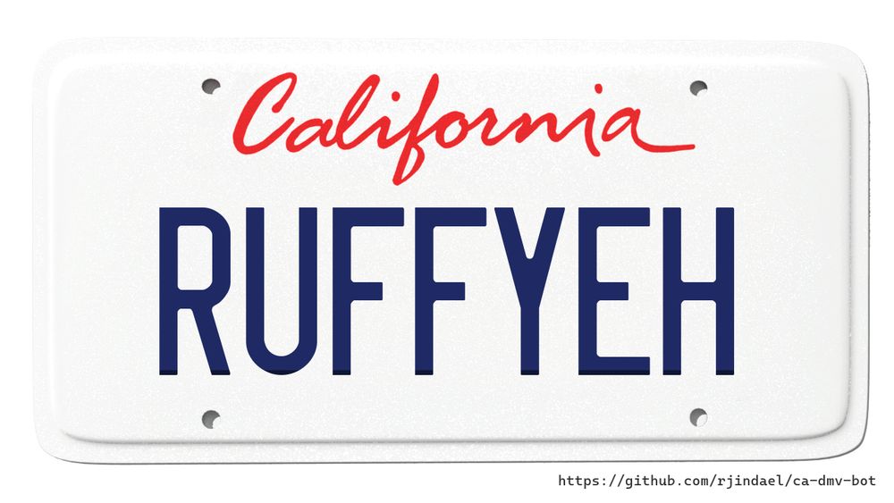 California license plate with text "RUFFYEH".