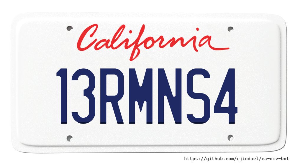 California license plate with text "13RMNS4".