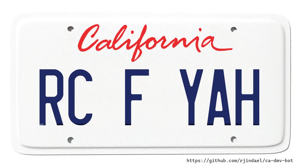 California license plate with text "RC F YAH".