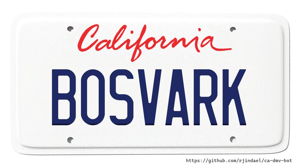 California license plate with text "BOSVARK".