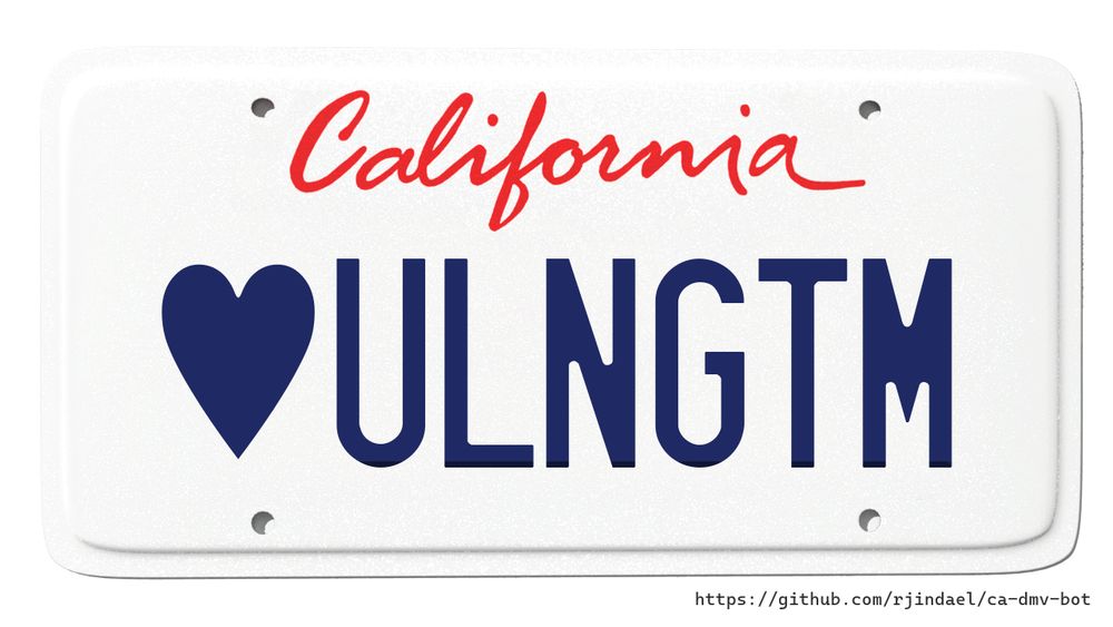 California license plate with text "(heart) ULNGTM".