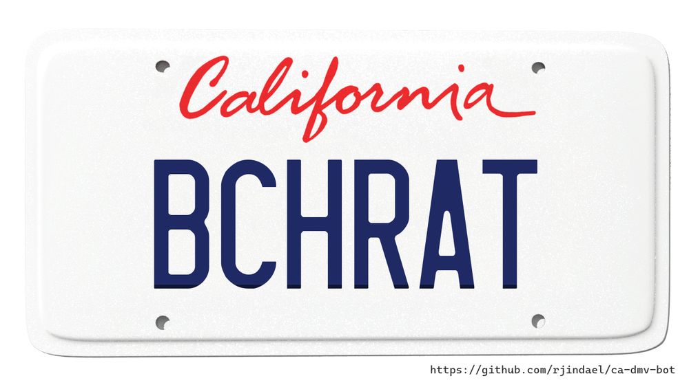 California license plate with text "BCHRAT".