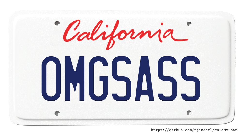 California license plate with text "OMGSASS".