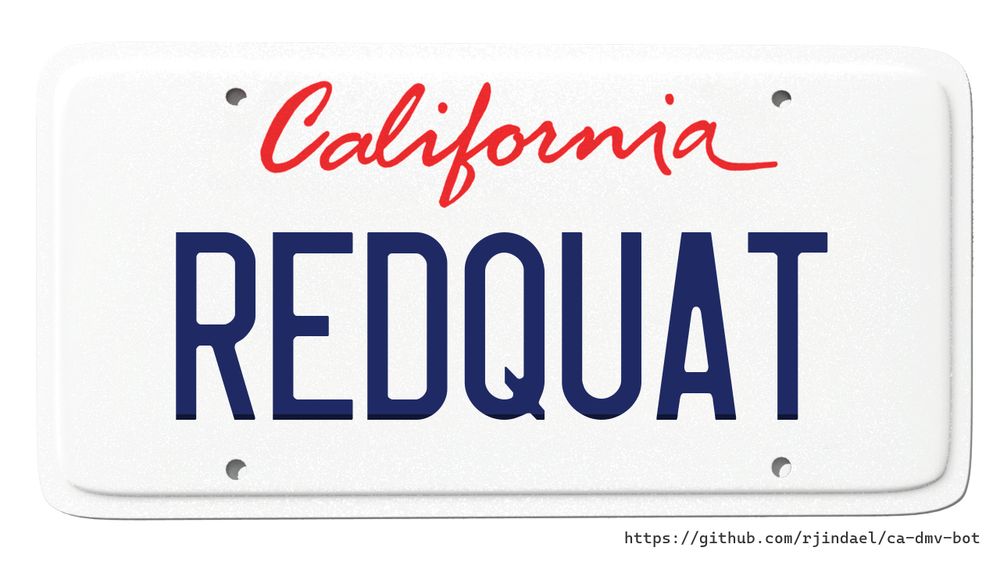 California license plate with text "REDQUAT".