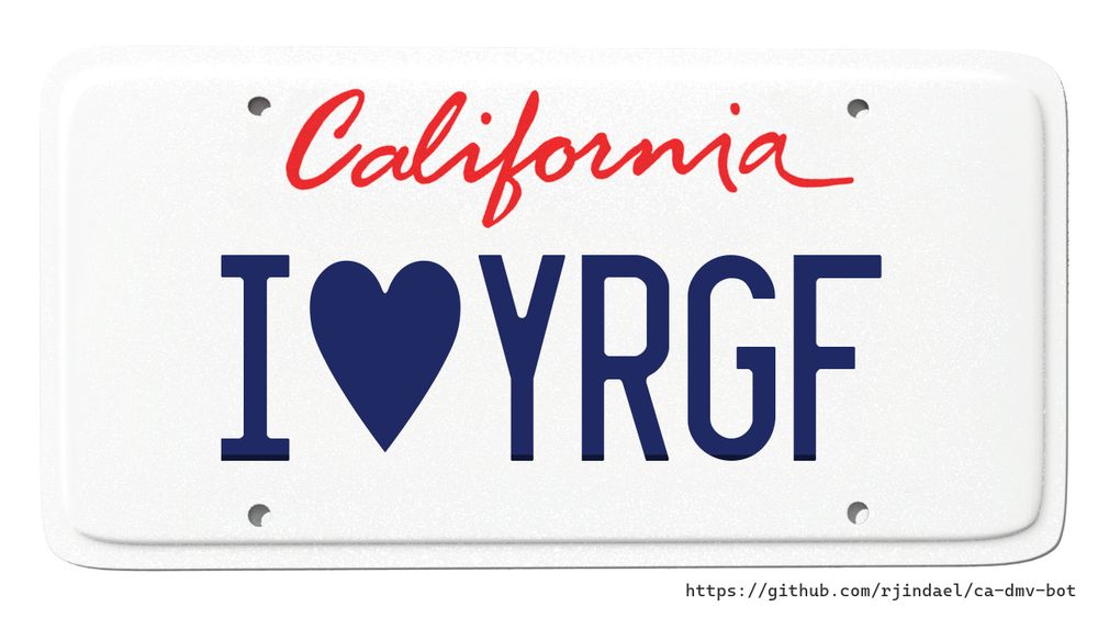 California license plate with text "I (heart) YRGF".