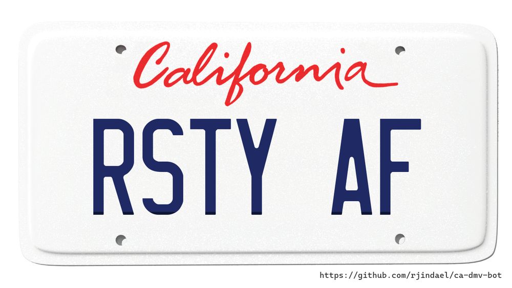 California license plate with text "RSTY AF".
