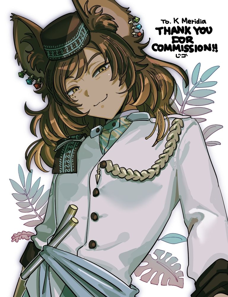 a picture of a kemonomimi woman with wavy brown hair, Southeast Asian features, and earrings. She wears a white and teal naval uniform with an Indonesian-style peci hat