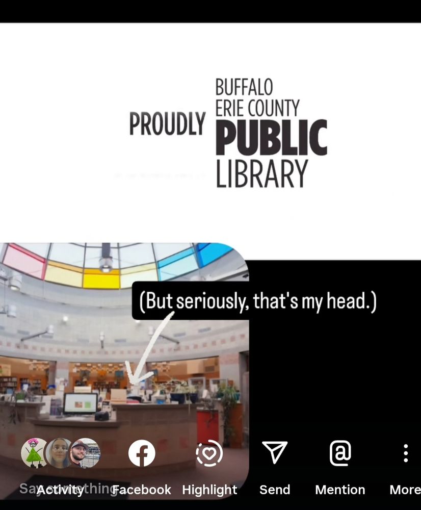 Split screen photo. The top half is a screen shot from a Buffalo & Erie County Public Library ad that says "Proudly Public." The bottom half is a screenshot from the same ad of the interior of a library, featuring a skylight, beautiful stone work, and if you look very, very closely, the back of my head. 