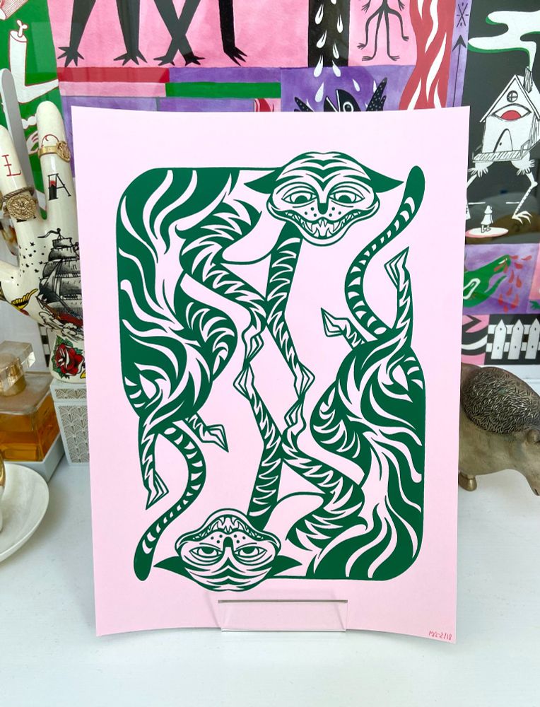Sérigraphie de 2 tigres en miroir, en vert sur rose