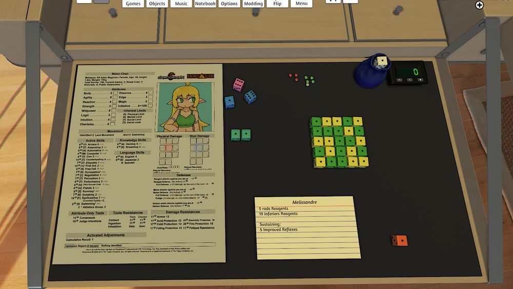Melanie / Melon-chan's side of the board! Her character sheet, dice and trackers. The Notecard shows her currently active spells.