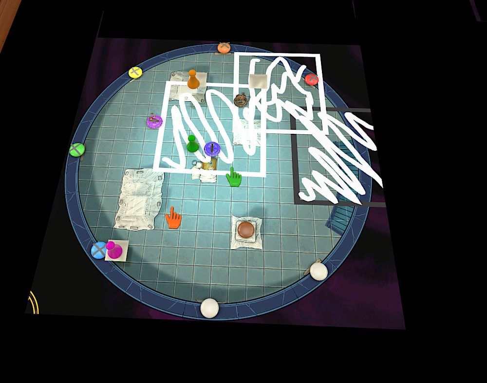 The colour based puzzle encounter in a Mage's tower. Facing off with Glass Spiders while we work to figure out the puzzle! White drawn spaces represent the webs covering the area from the spider. There are three coloured player pegs, Green, orange and pink. Green is Gabriel (Me), Orange is Tholm (Paw20) and Pink is Tah Dnas (cursedwaylander)

Uncovering the Mirrors in the corners as we go, albeit we've been focused on killing the Glass Spiders. Only realizing after we've dedicated to killing them that uncovering the mirror when they're still in the air would have solved it. Doh!