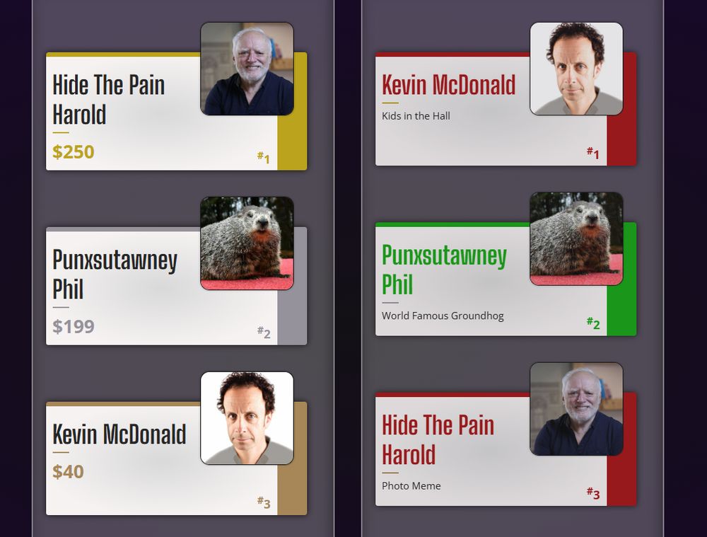 Screenshot of Comparatively Famous, showing Kevin McDonald less valuable than both Punxsatawney Phil and Hide The Pain Harold