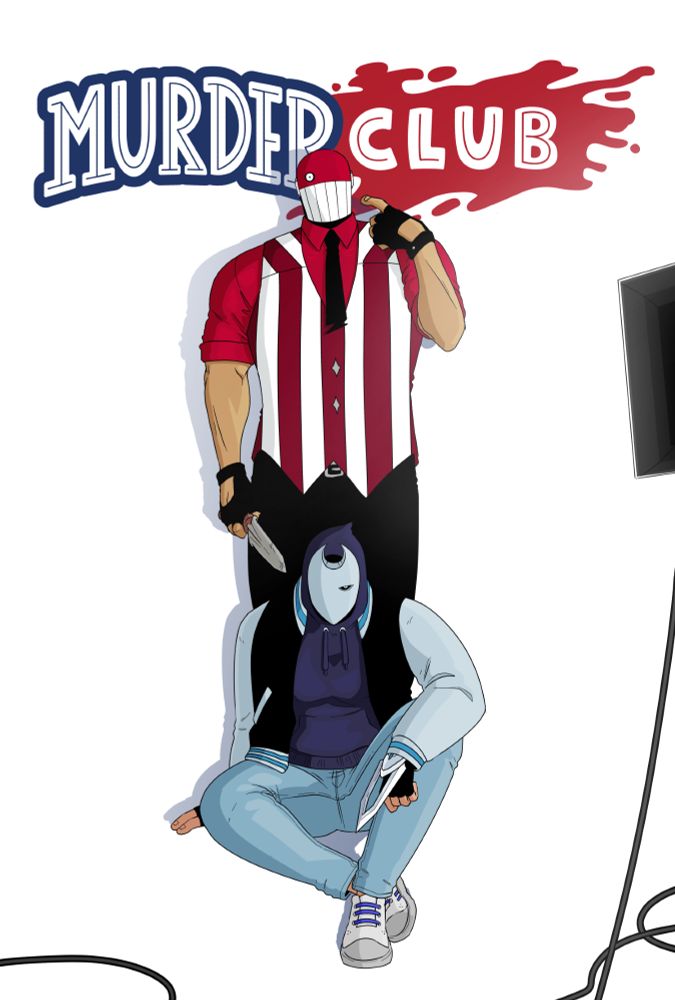 A digital illustration of two masked characters in the middle of a photoshoot. Bartholomew, looking mildly unaware of what is happening, stands behind Holly, who is coolly posed on the floor, looking directly into the camera like a professional. The series logo "Murder Club" is behind the both of them as part of the white photo backdrop.