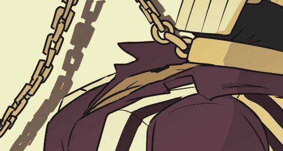 A crop of a digital, full-colored sketch of a masked man in a partially unbuttoned red shirt and vest with a manacle and chain around his neck.