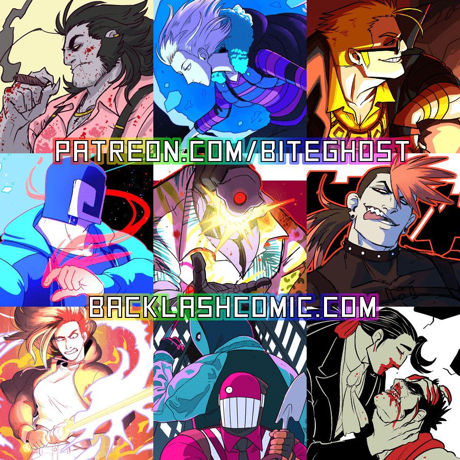 A collage of images featuring my original characters with a link to my webcomic's main website (backlashcomic.com) and to my patreon page (patreon.com/biteghost) overlaid on top.