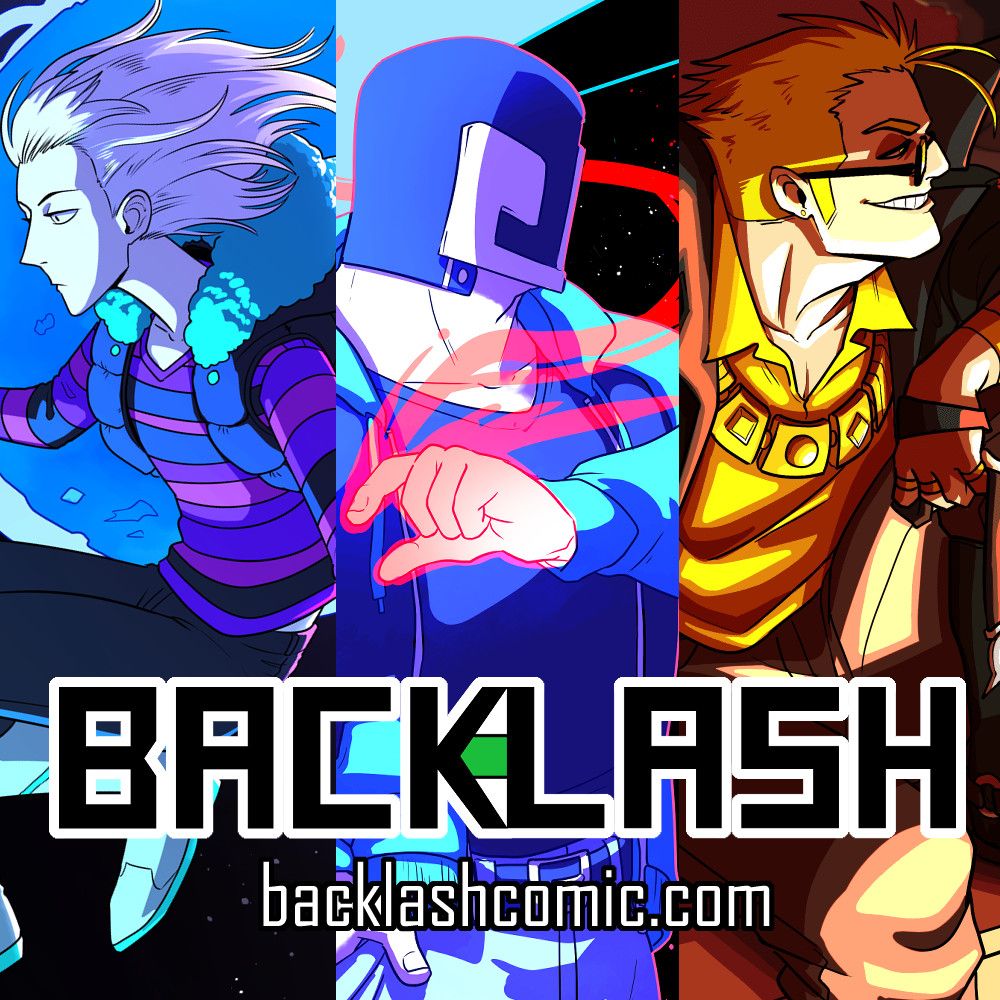 Three images vertically cropped together featuring Leadfoot, Alias and Rinehart, who are characters from my webcomic BACKLASH, which can be read for free at backlashcomic.com.