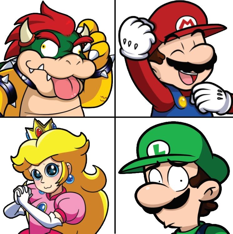 Bowser mocking, Mario cheering, Peach being a cutie, and Luigi disturbed and uncomfortable as always.