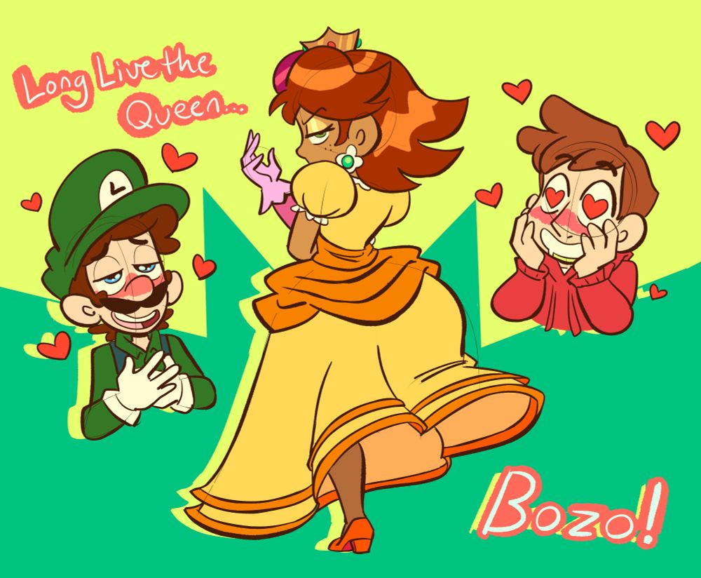 Queen Daisy striking an awesome Dio pose while Luigi and some ugly shmuck obsess over how hot she is. 